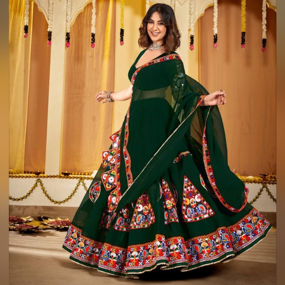 Embroidered Green Skirt Weddings Sangeet, Mehendi, Engagement, Diwali & Navratri